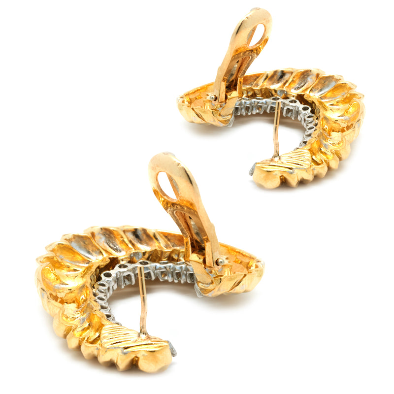 18 Karat Yellow Gold Faceted Ornate Diamond Oval Earrings