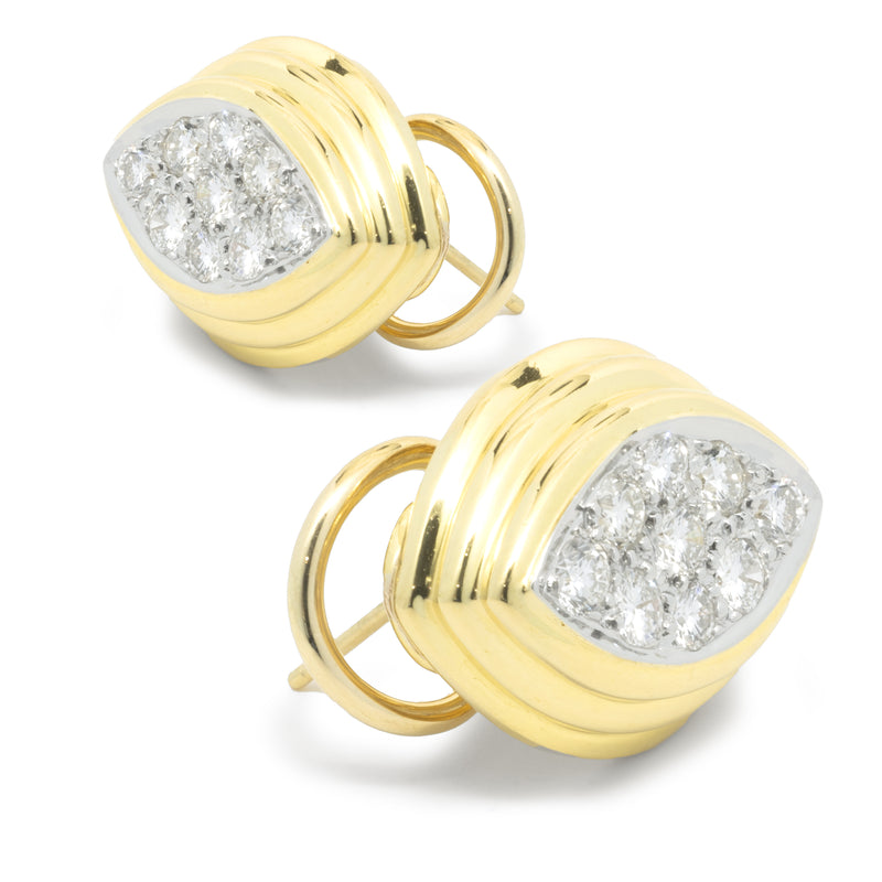 14 Karat Yellow Gold Pave Diamond Marquise Shaped Earrings