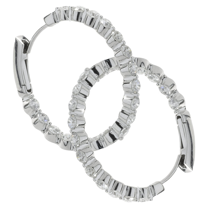 14 Karat White Gold Diamond Inside and Outside Hoop Earrings
