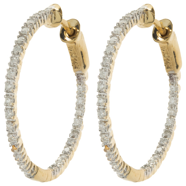14 Karat Yellow Gold Diamond Inside Outside Hoop Earrings