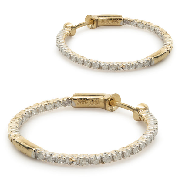 14 Karat Yellow Gold Diamond Inside Outside Hoop Earrings