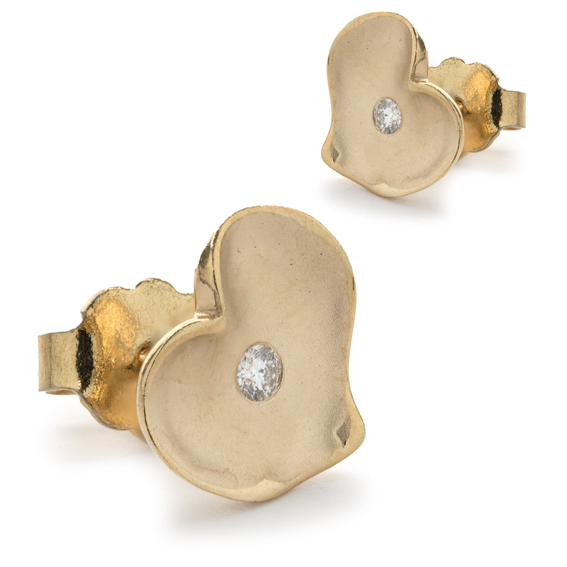 14 Karat Yellow Gold Diamond Heart Stud Earrings