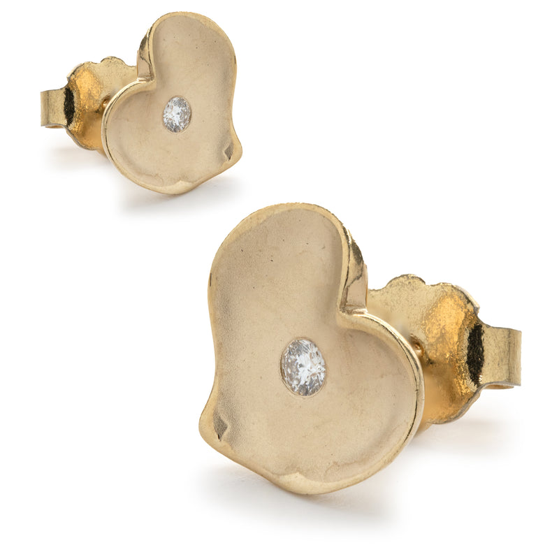14 Karat Yellow Gold Diamond Heart Stud Earrings