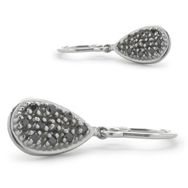14 Karat White Gold Black Diamond Pear Shape Drop Earrings