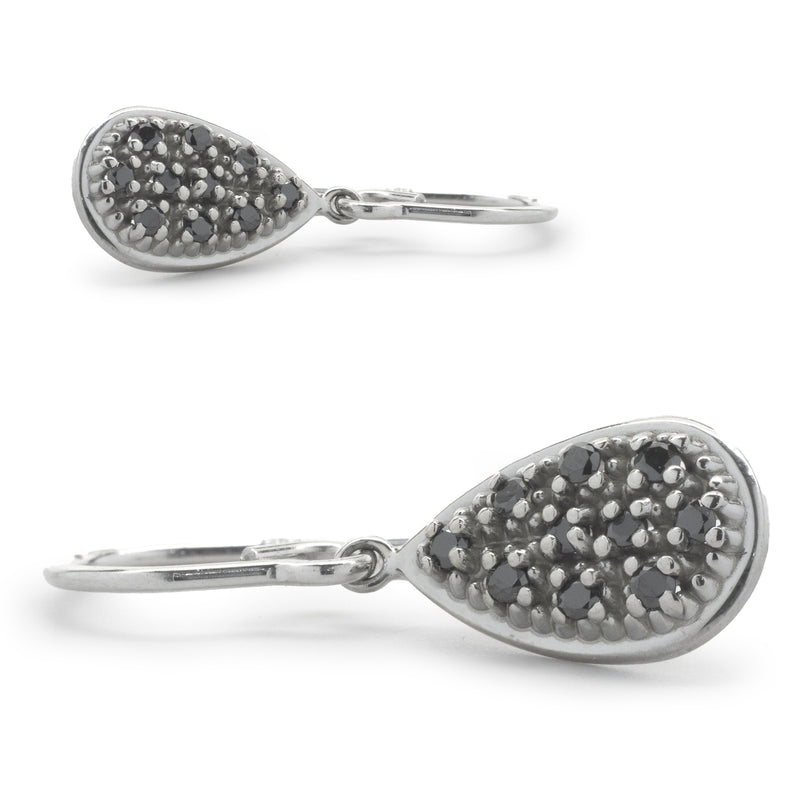 14 Karat White Gold Black Diamond Pear Shape Drop Earrings