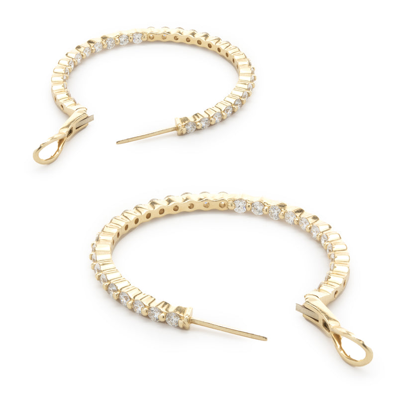 14 Karat Yellow Gold Diamond Inside Outside Hoop Earrings