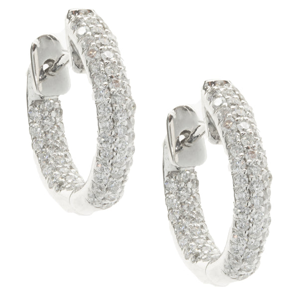 14 Karat White Gold Pave Diamond Inside Outside Huggie Hoop Earrings