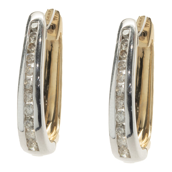 14 Karat Yellow and White Gold Channel Set Diamond Hoop Earrings