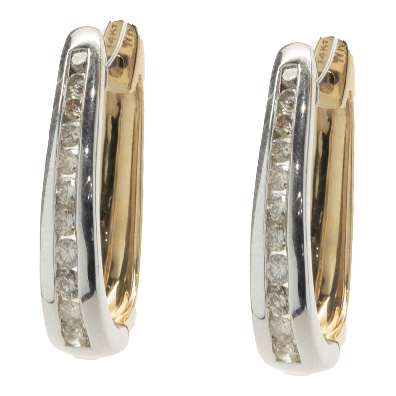 14 Karat Yellow and White Gold Channel Set Diamond Hoop Earrings