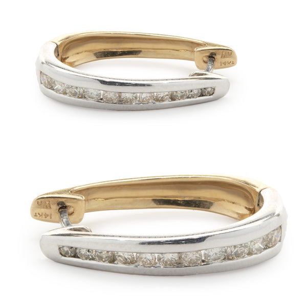 14 Karat Yellow and White Gold Channel Set Diamond Hoop Earrings