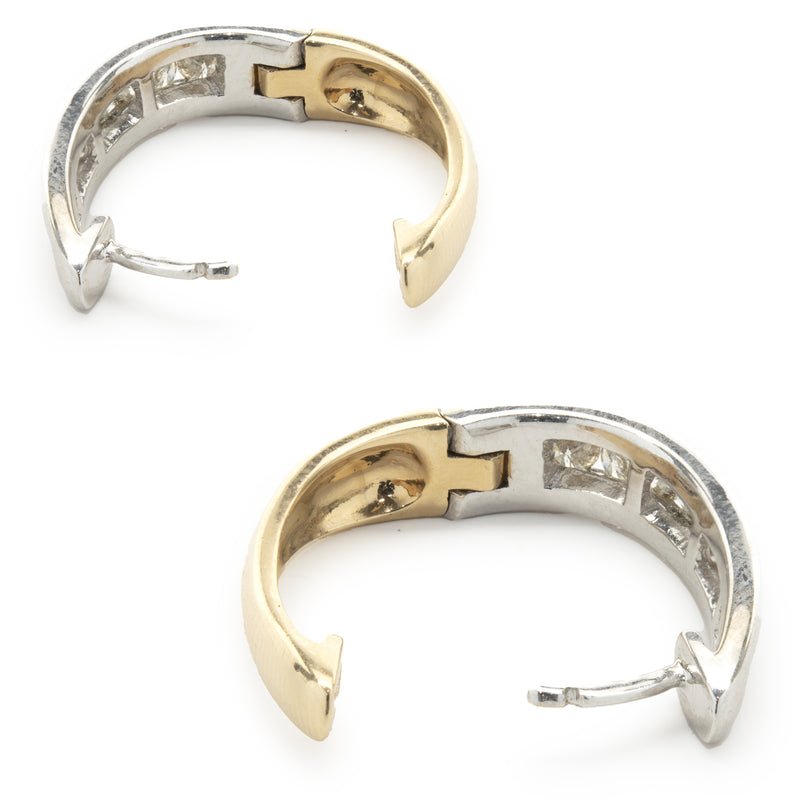 14 Karat Yellow and White Gold Channel Set Diamond Hoop Earrings