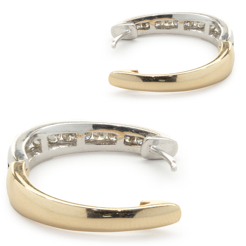 14 Karat Yellow and White Gold Channel Set Diamond Hoop Earrings