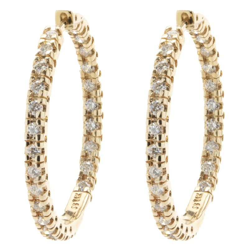 14 Karat Yellow Gold Diamond Inside Outside Hoop Earrings