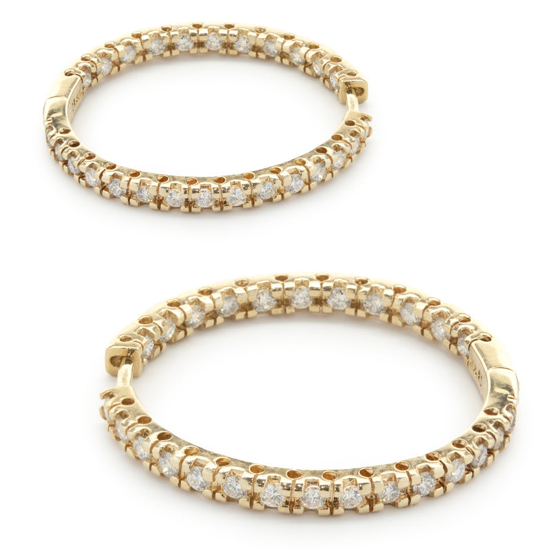 14 Karat Yellow Gold Diamond Inside Outside Hoop Earrings