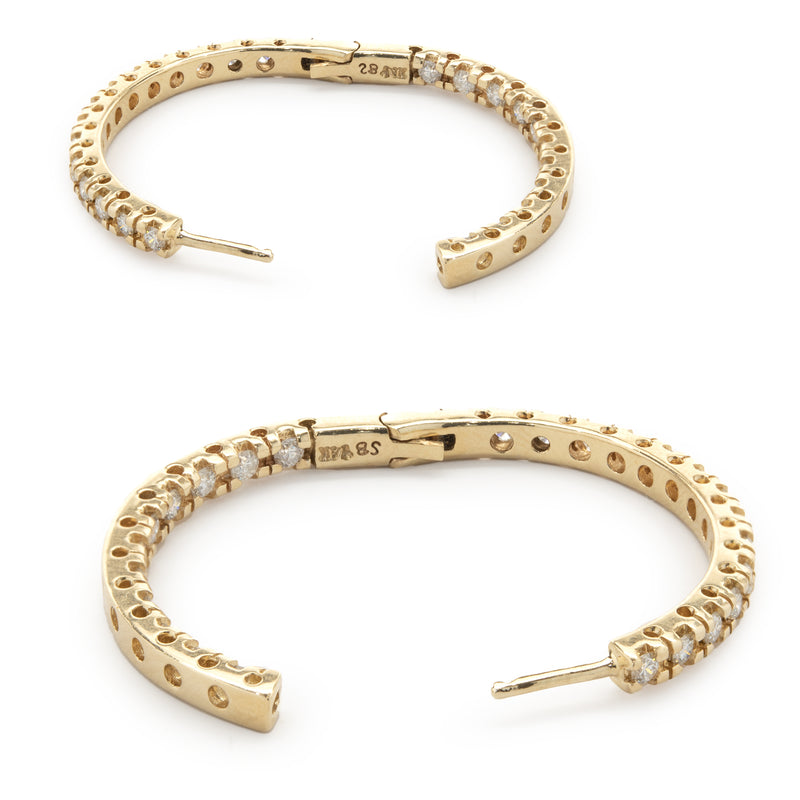 14 Karat Yellow Gold Diamond Inside Outside Hoop Earrings