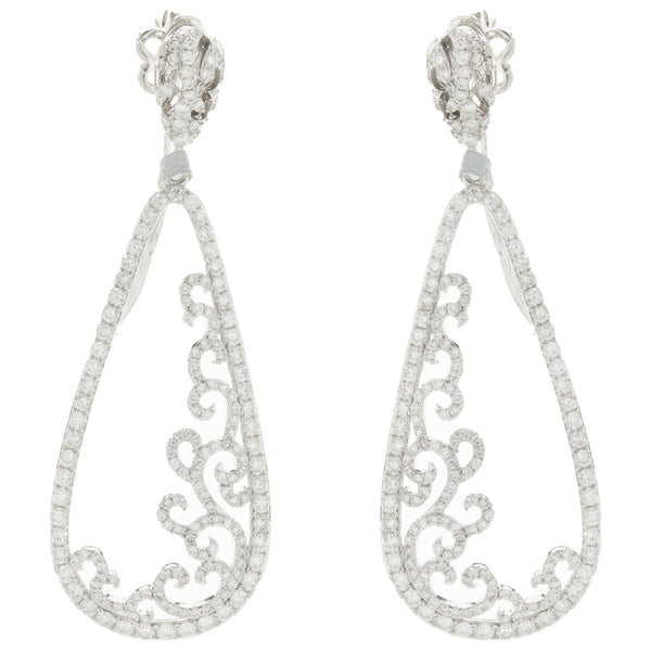 14 Karat White Gold Pear Shape Open Diamond Scroll Drop Earrings