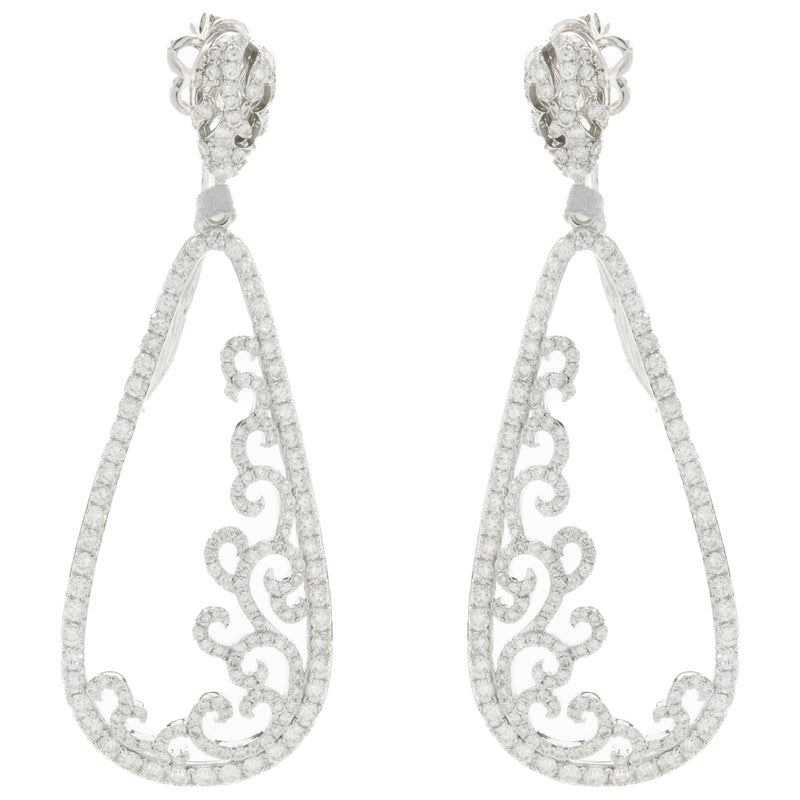 14 Karat White Gold Pear Shape Open Diamond Scroll Drop Earrings