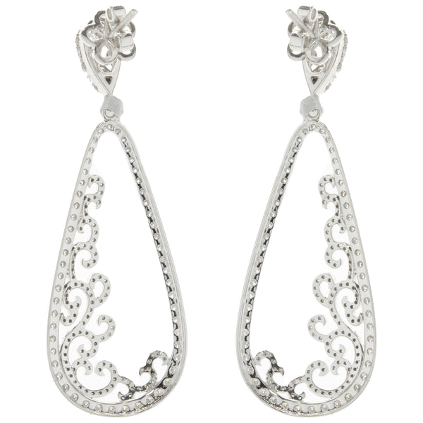 14 Karat White Gold Pear Shape Open Diamond Scroll Drop Earrings