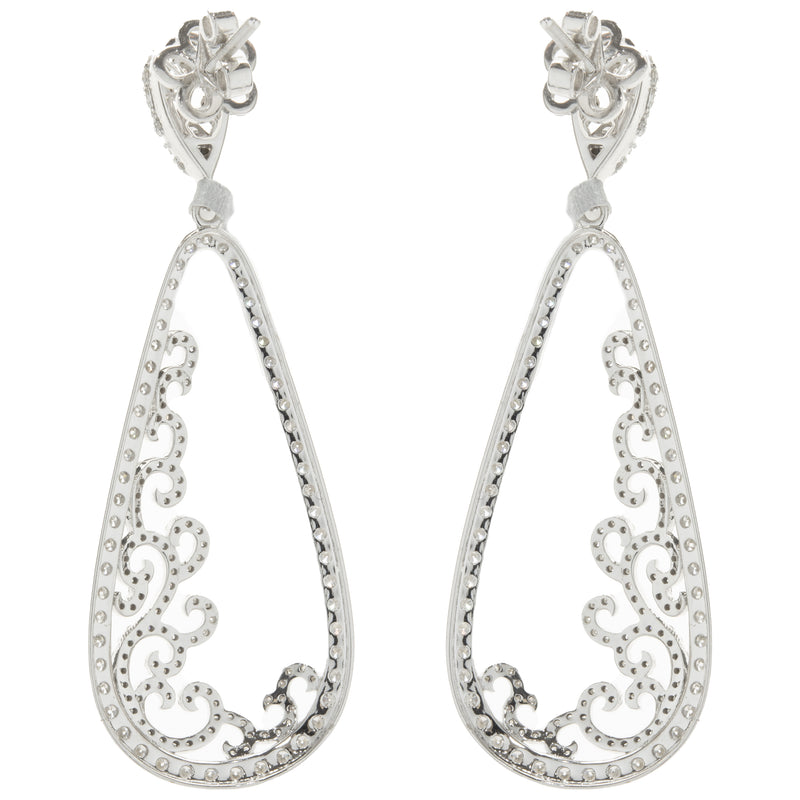 14 Karat White Gold Pear Shape Open Diamond Scroll Drop Earrings