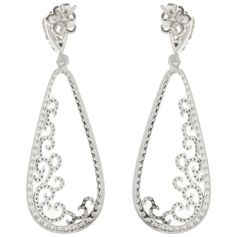 14 Karat White Gold Pear Shape Open Diamond Scroll Drop Earrings