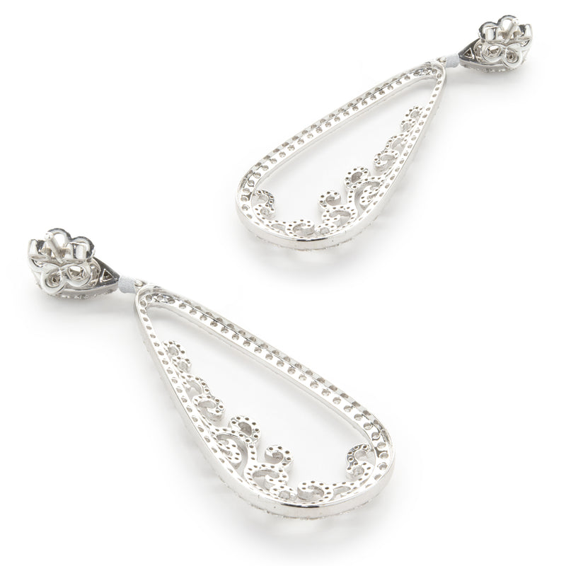 14 Karat White Gold Pear Shape Open Diamond Scroll Drop Earrings