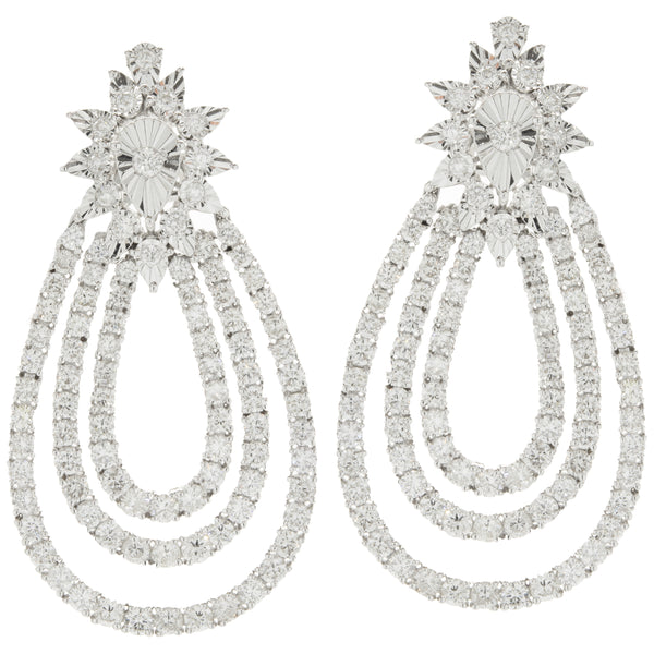 14 Karat White Gold Pear Shape Three Layer Diamond Drop Earrings