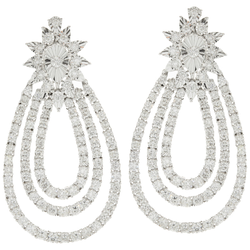 14 Karat White Gold Pear Shape Three Layer Diamond Drop Earrings