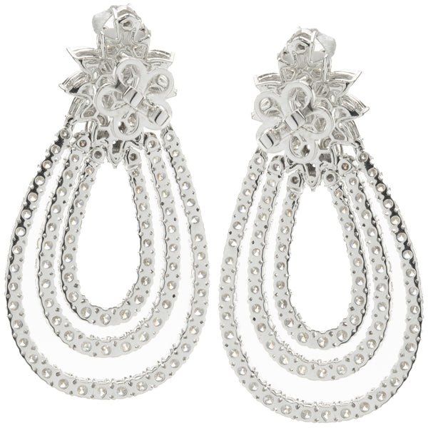 14 Karat White Gold Pear Shape Three Layer Diamond Drop Earrings