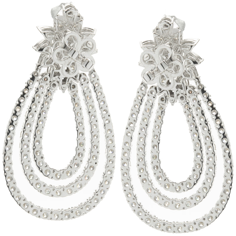14 Karat White Gold Pear Shape Three Layer Diamond Drop Earrings