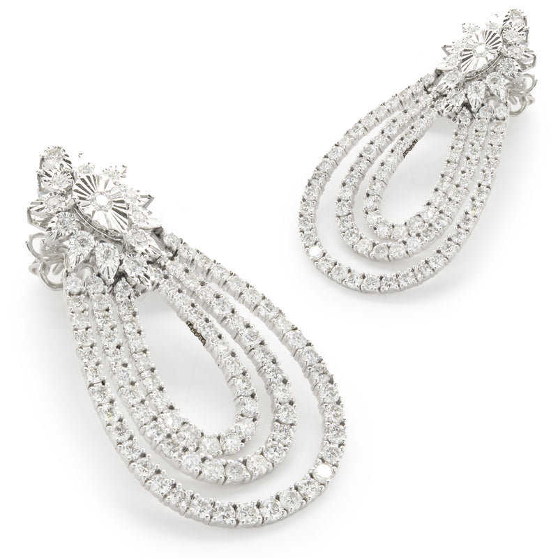 14 Karat White Gold Pear Shape Three Layer Diamond Drop Earrings