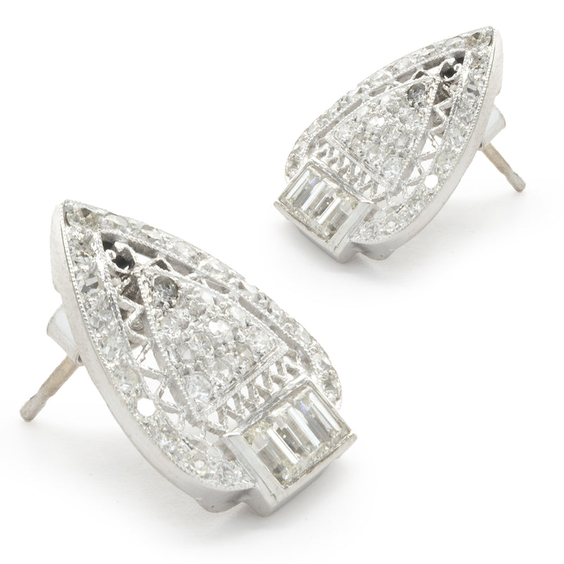 14 Karat White Gold Deco Style Diamond Earrings