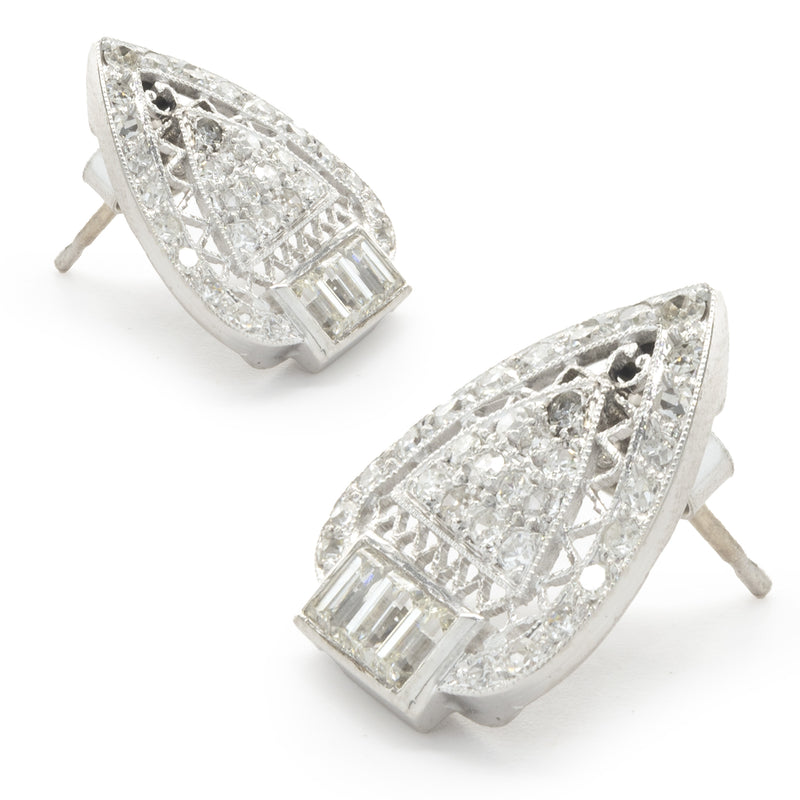 14 Karat White Gold Deco Style Diamond Earrings