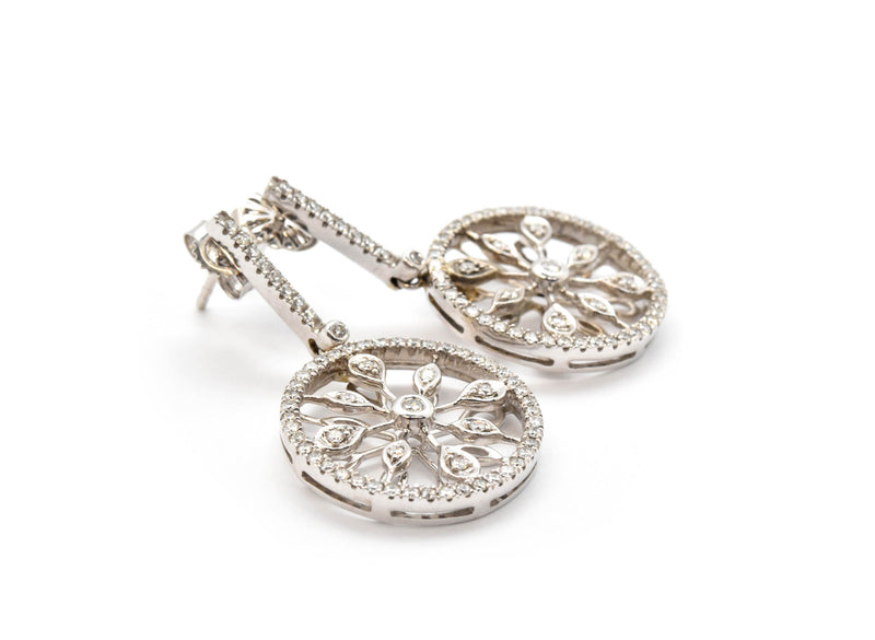 14k White Gold Diamond Circle Drop Earrings
