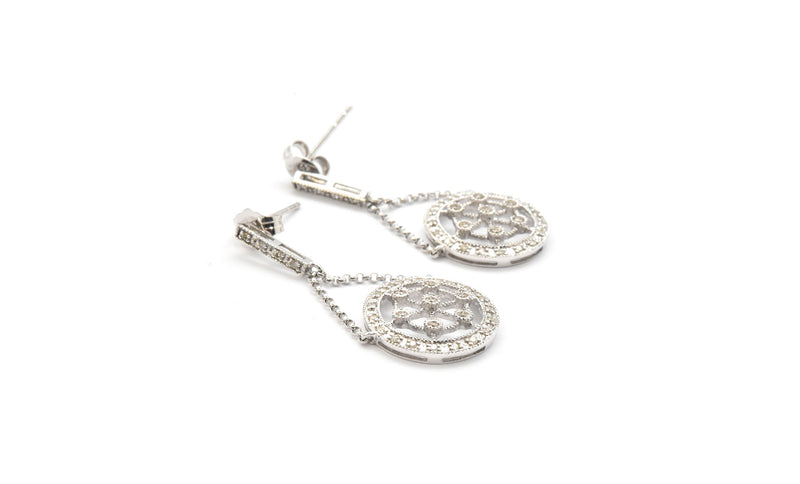 14k White Gold Diamond Circle Dangling Earrings