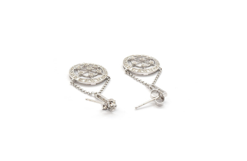14k White Gold Diamond Circle Dangling Earrings