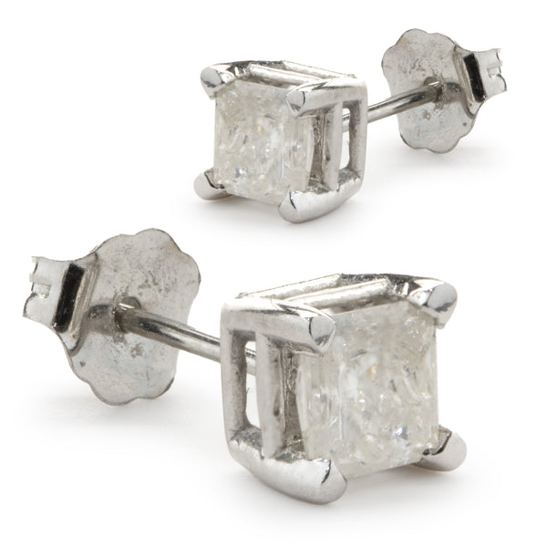 14 Karat White Gold Princess Cut Diamond Stud Earrings