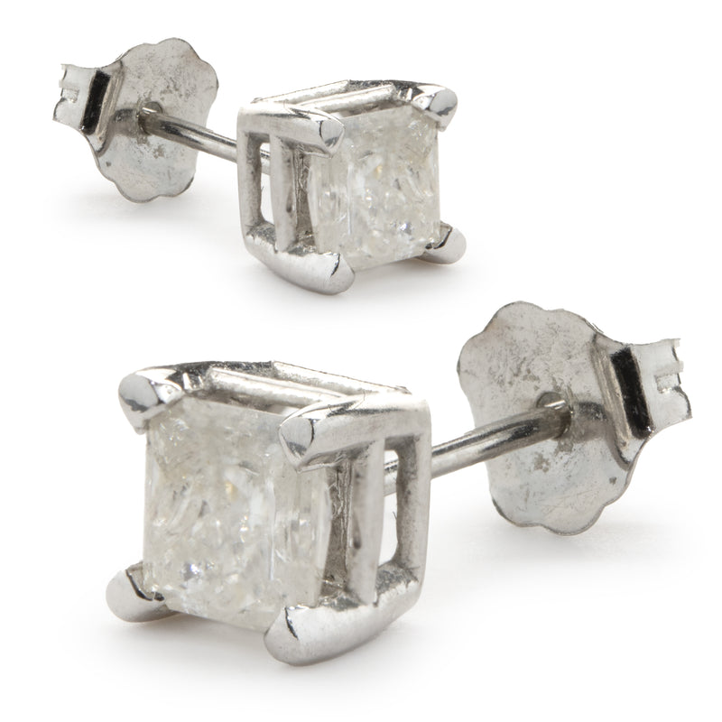 14 Karat White Gold Princess Cut Diamond Stud Earrings