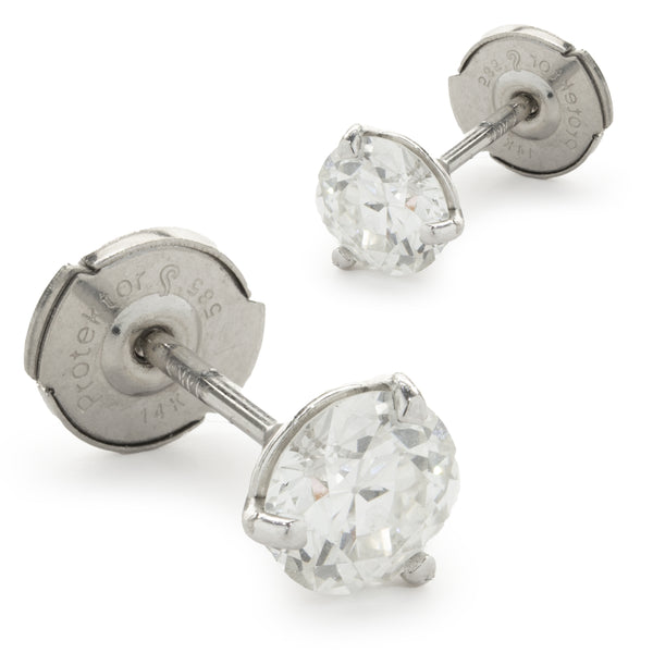 14 Karat White Gold Round European Cut Diamond Stud Earrings