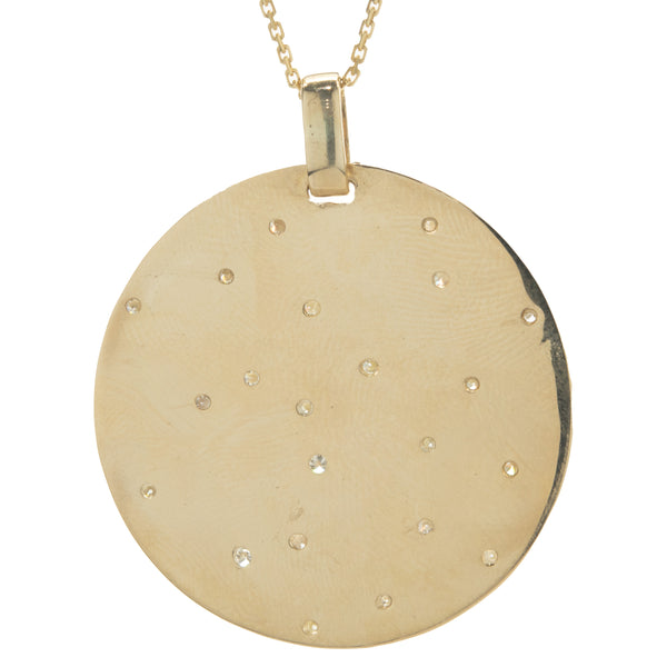 14 Karat Yellow Gold Hammered Diamond Sprinkle Disc Pendant
