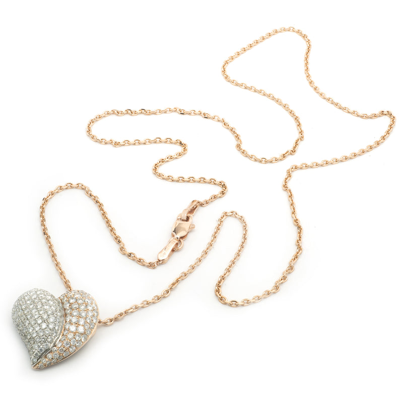 14 Karat Rose and White Gold Pave Diamond Heart Necklace