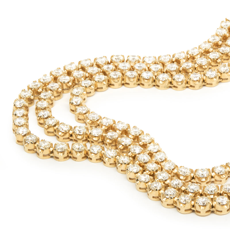 14 Karat Yellow Gold Three Row Diamond Tennis Necklace