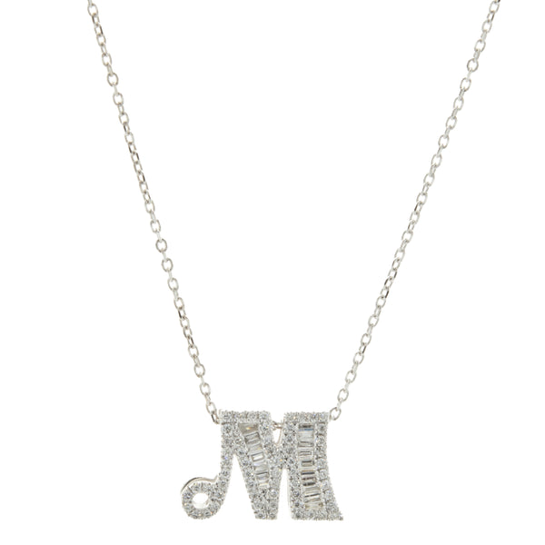14 Karat White Gold Mosaic Set Diamond M Necklace