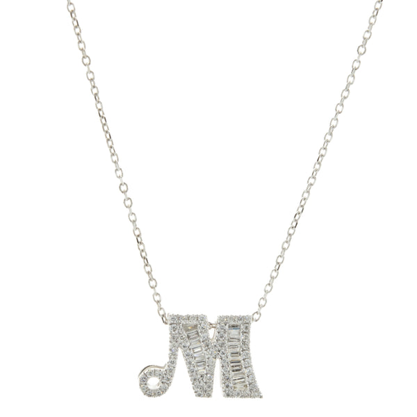 14 Karat White Gold Mosaic Set Diamond M Necklace