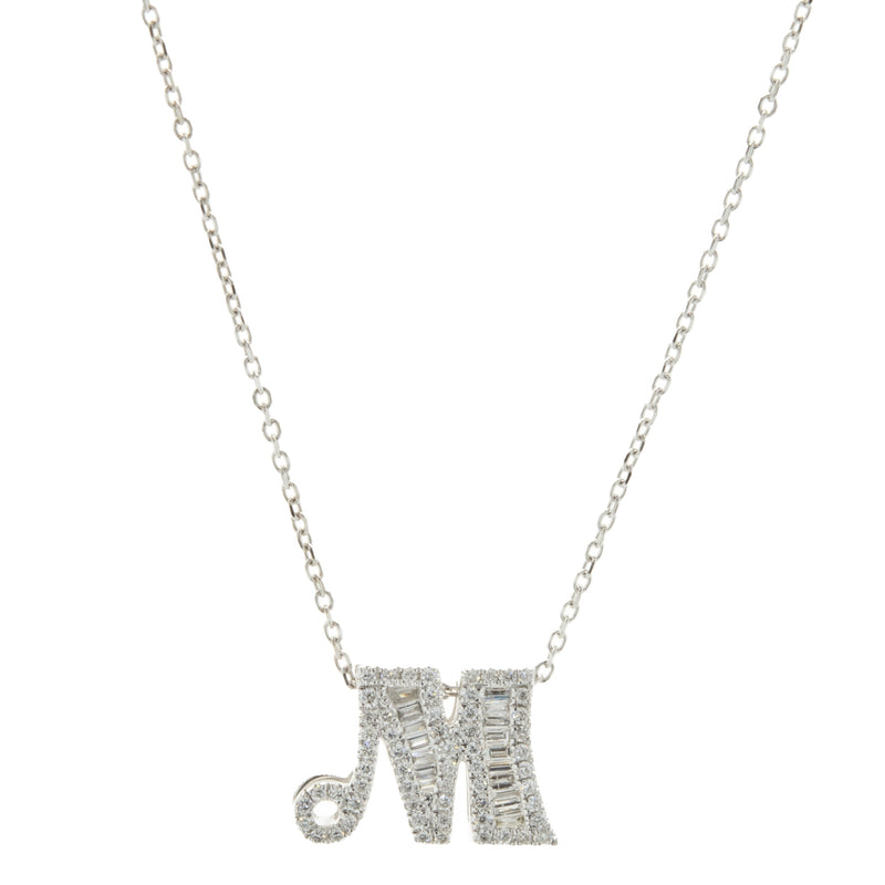 14 Karat White Gold Mosaic Set Diamond M Necklace