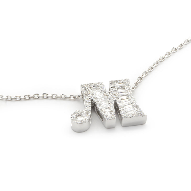 14 Karat White Gold Mosaic Set Diamond M Necklace