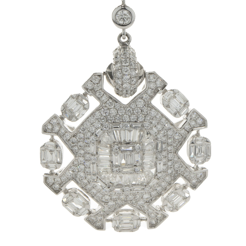 18KW Pave Diamond Ornate Necklace With Mosaic Diamond Center and Pave Diamond Stations