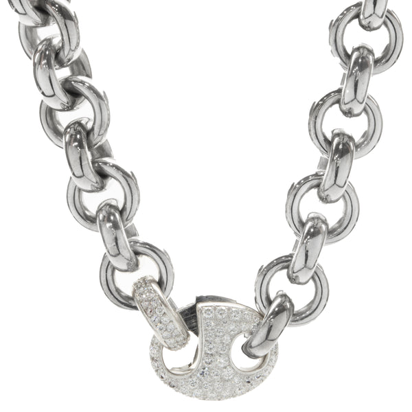 18 Karat White Gold Circle Link Chain Necklace with Pave Diamond Gucci Clasp