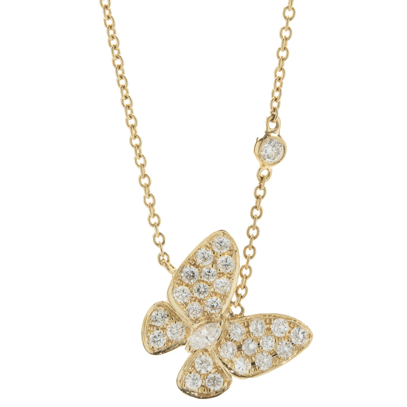 18 Karat Yellow Gold Pave Diamond Butterfly Necklace