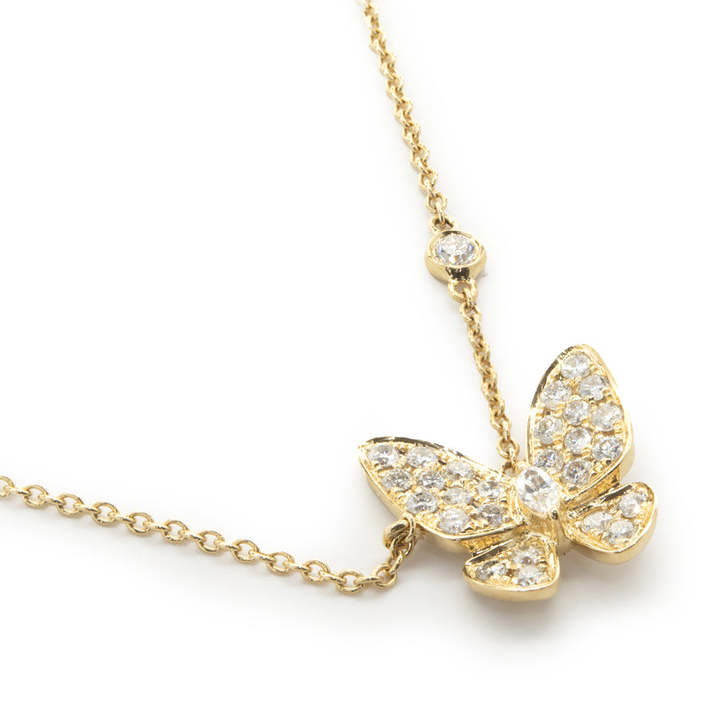 18 Karat Yellow Gold Pave Diamond Butterfly Necklace