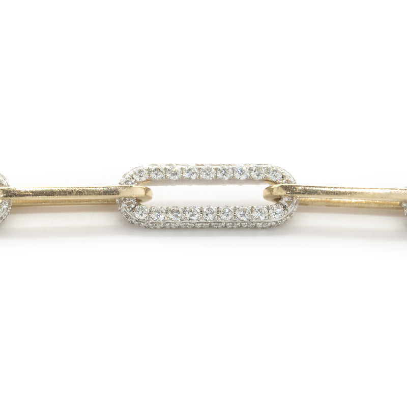 18 Karat Yellow and White Gold Pave Diamond Station Paperclip Link Necklace